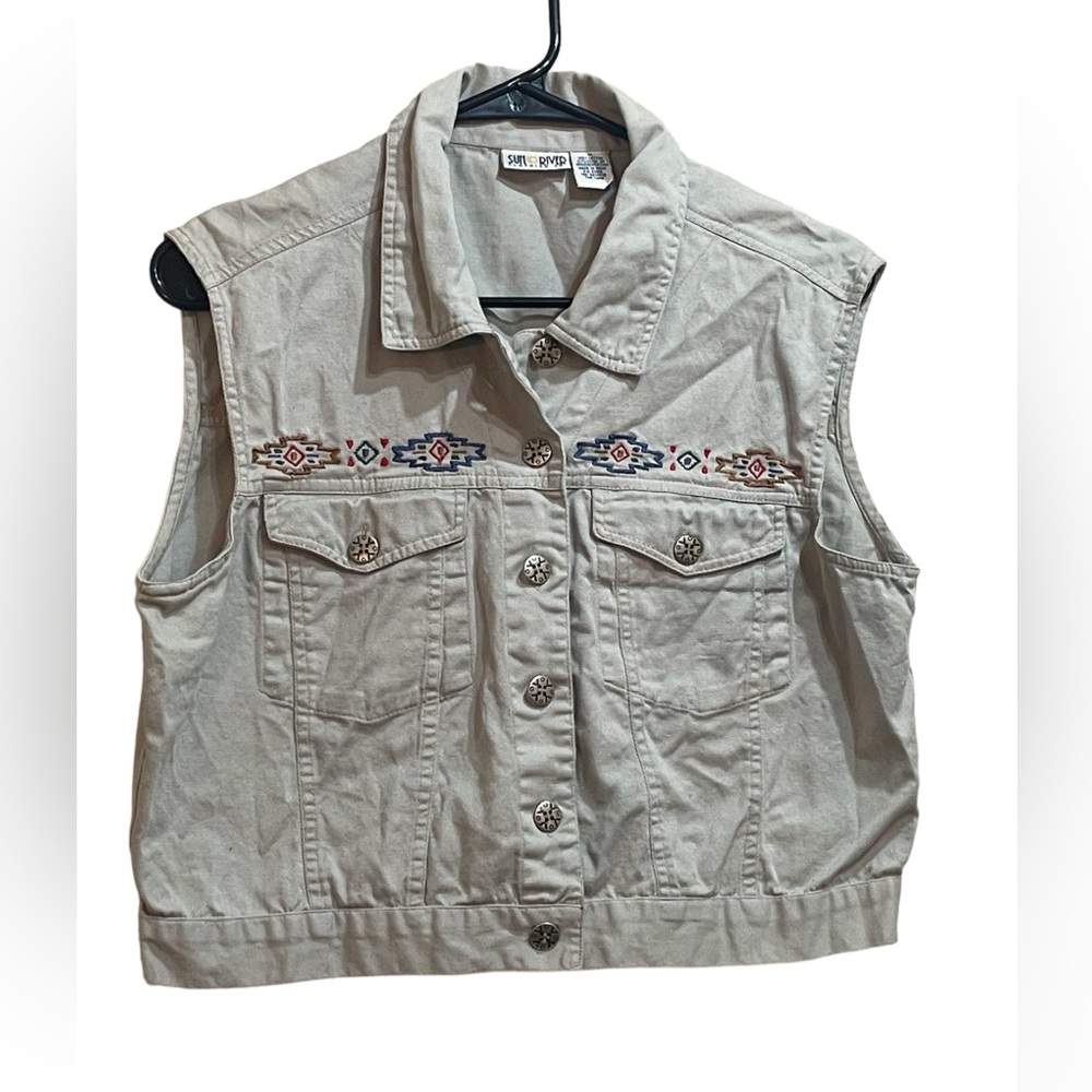 Sun River Aztec inspired embroidered khaki denim vest 100% cotton Med.
